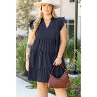 Navy Blue Collared V Neck Flutter Sleeve Tiered Plus Size Dress - 4X thumbnail
