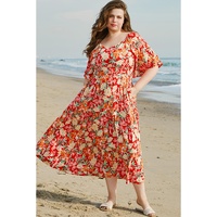 Orange Floral V Neck Flutter Sleeve Cinched Waist Long Plus Size Dress - 2X thumbnail