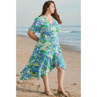 Green Leaves Print Short Sleeve Surplice Neck Ruffled Trim Plus Size Maxi Dress - 1X thumbnail