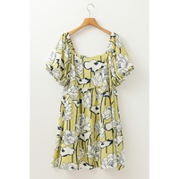 Green Plus Size Floral Print Shirred Square Neck Puff Sleeve Dress - 1X thumbnail
