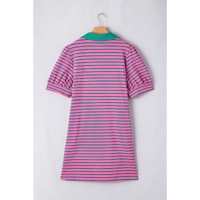 Rose Stripe Collared V Neck Puff Sleeve Shift T Shirt Dress with Pockets - 1X thumbnail