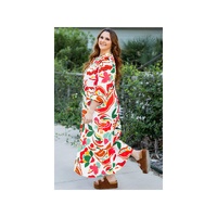 Orange Floral Print Drawstring V Neck Tiered Plus Size Dress - 1X thumbnail