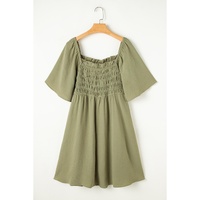 Grass Green Frilly Square Neck Flutter Sleeve Smocked High Waist Plus Size Dress - 3X thumbnail