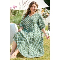 Green Geometric Floral Print Half Sleeve Plus Size Maxi Dress - 1X thumbnail