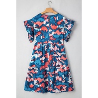 Blue Abstract Print Shirred Ruffled Short Sleeve Tiered Plus Size Mini Dress - 1X thumbnail