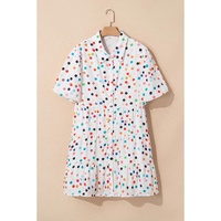 White Polka Dot Print Bubble Sleeve Button Up Plus Size Shirt Dress - 2X thumbnail