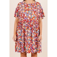 Red Dainty Flower Printed Plus Size Short Sleeve Shift Dress - 1X thumbnail