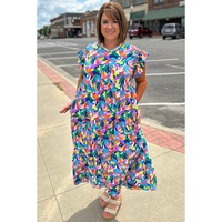 Blue Geometric Print Ruffled Short Sleeve Plus Size Tiered Maxi Dress - 3X thumbnail