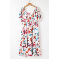 White Floral Square Neck Puff Sleeve Flowy Plus Size Midi Dress - 2X thumbnail