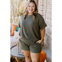 Moss Green Plus Size Rib Knit Short Sleeve Top and Shorts Set - 2X thumbnail