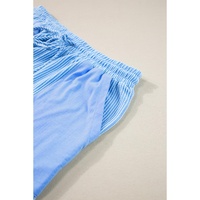 Light Blue Plus Size Ribbed Long Sleeve Top and Drawstring Shorts Set - 2X thumbnail