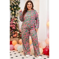 Green Plus Size Printed Long Sleeve and Pants Lounge Set - 1X thumbnail