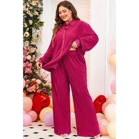 Rose Red Plus Size Ribbed Long Sleeve Shirt and Pants Pajama Set - 2X thumbnail
