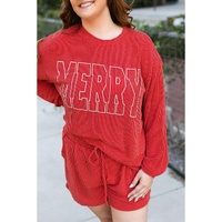 Racing Red MERRY Ribbed Knit Long Sleeve Lace-up Waist Plus Size Set - 1X thumbnail