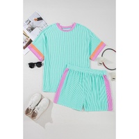 Light Blue Plus Size Color Block Corded Knit Tee and Shorts Set - 3X thumbnail