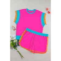 Rose Red Colorblock Patchwork Cap Sleeve Top Plus Size Shorts Set - 2X thumbnail