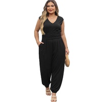 Black Plus Smocked High Waist Sleeveless V Neck Jumpsuit - 3X thumbnail