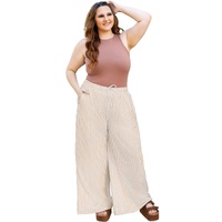 Khaki Stripe Plus Size Drawstring High Waist Wide Leg Pants - 1X thumbnail