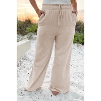 Beige Smocked High Waist Wide Leg Plus Size Pants - 4X thumbnail