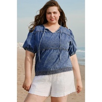 Sail Blue Plus Drawstring V Neck Puff Sleeve Denim Blouse - 4X thumbnail