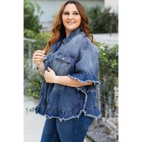 Peacock Blue Ruffled Frayed Short Sleeve Plus Size Denim Jacket - 4X thumbnail
