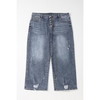Medium Grey Plus Size Button Fly High Waist Ripped Straight Leg Jeans - 4X thumbnail