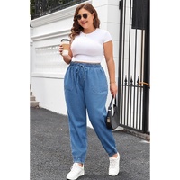 Dusk Blue Drawstring Waist Pocketed Plus Size Denim Joggers - 1X thumbnail