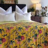 Mustard Peony Kantha Bedspread Coverlet - Mustard (King - 228 cm x 274 cm) thumbnail