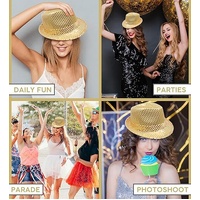 SEQUIN HAT Trilby Fedora Glitter Cap Costume Dance Party - Yellow/Gold thumbnail