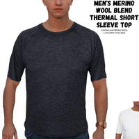 Mens Merino Wool Blend Short Sleeve Thermal Top Underwear Thermals Base Layer - Black - L thumbnail