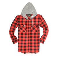 Mens Cotton Flannelette Shirt w Jersey Hood Long Sleeve Flannel - Red/Black - XL thumbnail