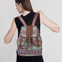 Diamond Pattern Bohemian Style Canvas Backpack - Vintage Tribal Pattern Travel Bag with Leather Straps thumbnail