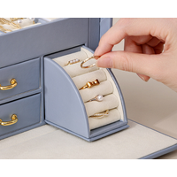 Light Blue Luxury PU Leather Jewelry Storage Box - 3-Tier Organizer with Mirror for Necklaces, Earrings, and Rings(Jewelry is a photo prop and is not  thumbnail
