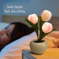 Blue Flowers USB Tulip Night Light - Bedroom Decor Table Lamp with PU Flowers & Ceramic Pot, Perfect Gift for Family & Friends thumbnail