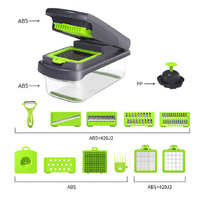 Green and Grey 14-Piece Multifunctional Vegetable Chopper and Slicer Set - Kitchen Cutting and Grating Tool thumbnail