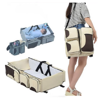 Beige-Brown Patchwork Multifunctional Foldable Baby Crib Mommy Bag | Large Capacity Diaper Bag | Portable Shoulder and Handheld Baby Essentials Bag thumbnail