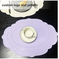 2 Pcs Grey Oval Embossed Floral Edged Silicone Placemats, Non-Slip, Heat-Resistant, Easy-to-Clean Dining Table Mats, Korean and European Style thumbnail