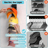 1 Pcs Black Adjustable Hat Organizer Rack for Baseball Caps - Space Saving Wall-Mounted Hat Storage with 2 Hanging Methods for Display and Storage(Bas thumbnail