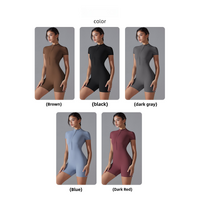 Brown Size M Women's Summer Zip-Up Bodysuit - Short Sleeve, High Stretch Yoga & Dance Outfit, Breathable Fitness Wear thumbnail