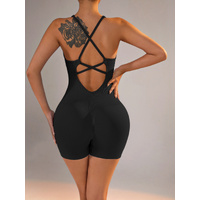 Size L Black Nylon Seamless Yoga Bodysuit - Women's Athletic Romper, Crisscross Back, Workout Jumpsuit thumbnail