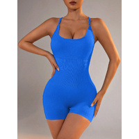 Size S Royal Blue Nylon Seamless Yoga Bodysuit - Women's Athletic Romper, Crisscross Back, Workout Jumpsuit thumbnail