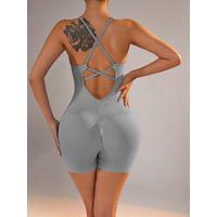 Size L Light Grey Nylon Seamless Yoga Bodysuit - Women's Athletic Romper, Crisscross Back, Workout Jumpsuit thumbnail
