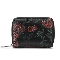Black Background With Silver Roses Floral Embossed Genuine Leather Card Holder - Large Capacity 10 Card Slots, RFID Blocking, Double Zipper Coin Pouch thumbnail