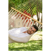 Mayan Legacy Queen Size Outdoor Cotton Mexican Resort Hammock With Fringe in Cream Colour thumbnail