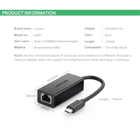 UGREEN 30287 USB-C 10/100Mbps Ethernet Adapter thumbnail