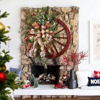 Christmas Red Wooden Wheel Wreath Front Door Hanging Garland Wall Decor(30*30cm) thumbnail