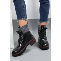 Black Knitted Patched Lace-up Heeled Ankle Boots - 40 EU thumbnail