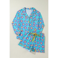 Green Flower Print Long Sleeve Shirt Shorts Pajamas Set - M thumbnail