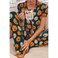 Orange Halloween Pattern Short Sleeve Shirt Pajama Set - S thumbnail
