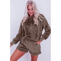 Coffee Solid Loose Fit Two Piece Fleece Lounge Set - 2XL thumbnail